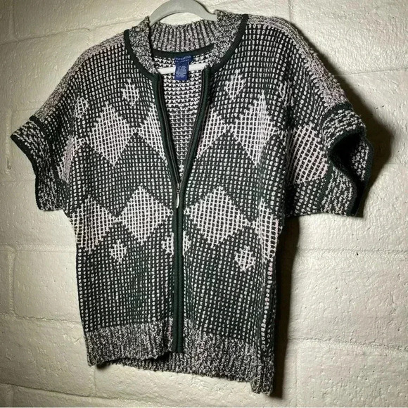 Doncaster Pink & Green Knit Short Sleeve Zip Up Sweater - Picture 2 of 9